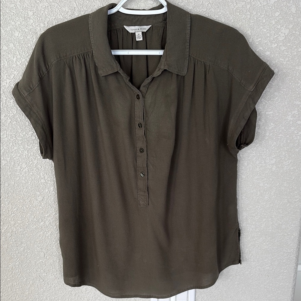 Lucky Brand Olive Button-Down Medium Shirt Cuffed Short Sleeve